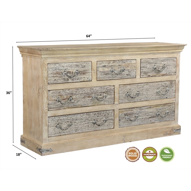 Taran Designs Baker 7-drawer Solid Wood Dresser in Whitewash