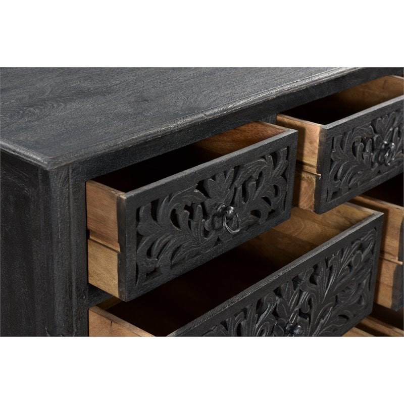 Taran Designs Monte 7-drawer Floral Carved Solid Wood Dresser in Black