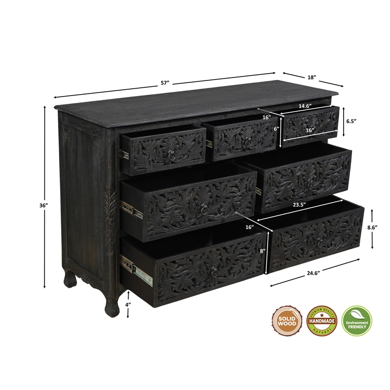 Taran Designs Monte 7-drawer Floral Carved Solid Wood Dresser in Black