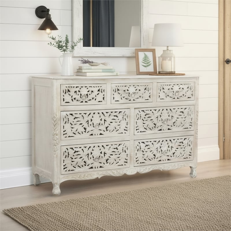 Taran Designs Monte 7-drawer Floral Carved Solid Wood Dresser in White