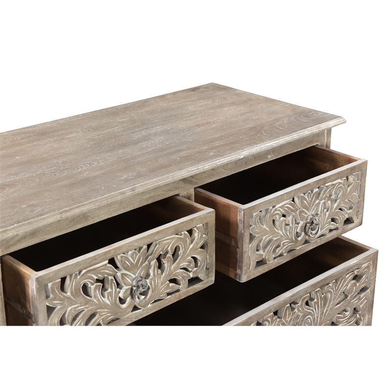 Taran Designs Monte 7-drawer Floral Carved Solid Wood Dresser in Gray