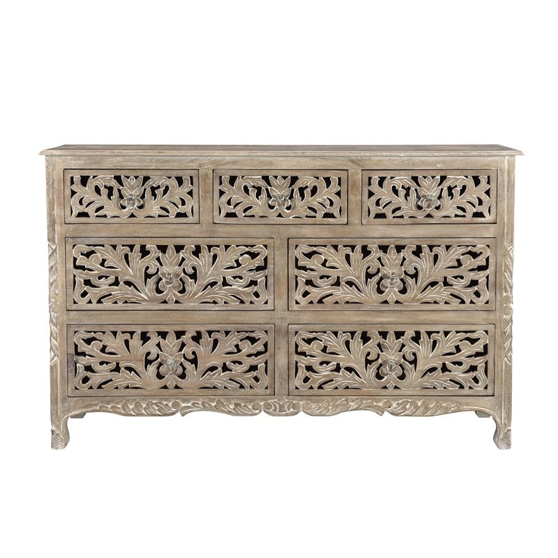 Taran Designs Monte 7-drawer Floral Carved Solid Wood Dresser in Gray