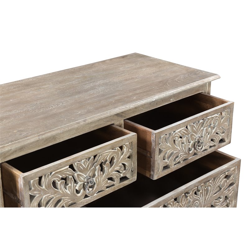 Taran Designs Monte 7-drawer Floral Carved Solid Wood Dresser in Gray