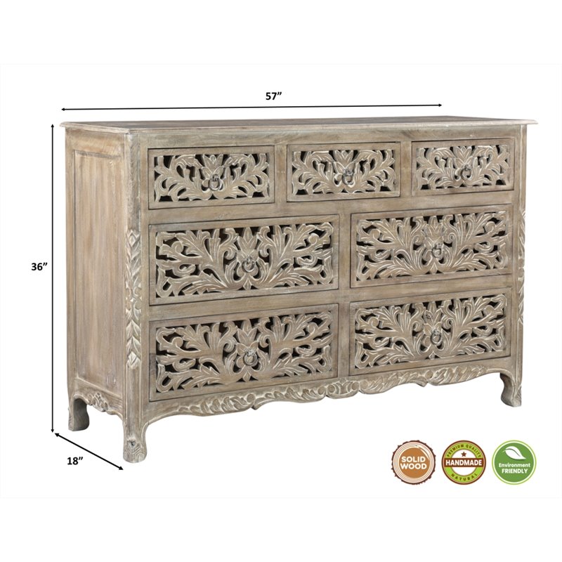Taran Designs Monte 7-drawer Floral Carved Solid Wood Dresser in Gray