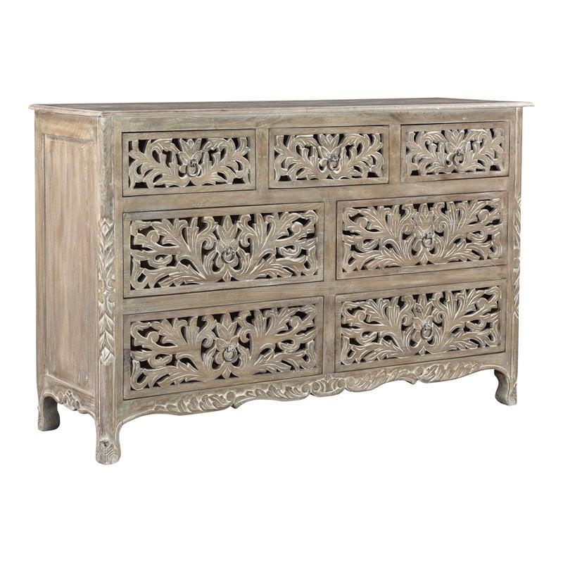 Taran Designs Monte 7-drawer Floral Carved Solid Wood Dresser in Gray