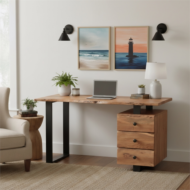 Taran Designs Harper 3-drawer Live Edge Solid Wood Desk in Brown/Black