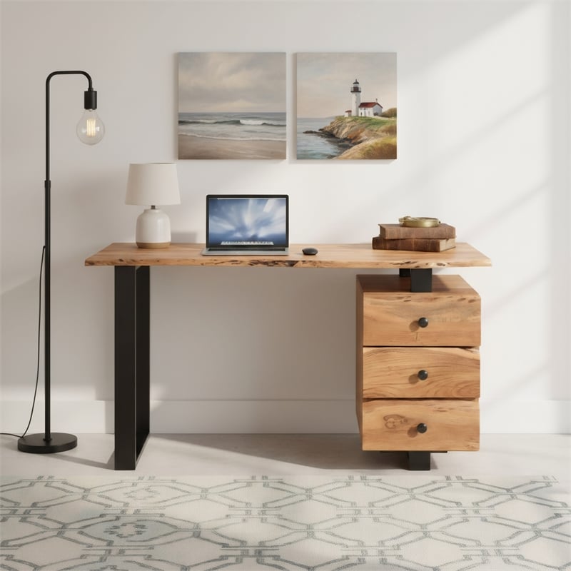 Taran Designs Harper 3-drawer Live Edge Solid Wood Desk in Brown/Black