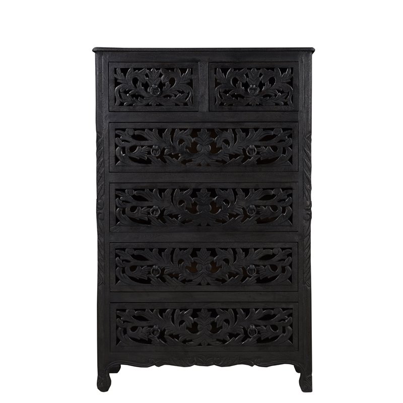 Taran Designs Monte 6-drawer Floral Carved Solid Wood Chest in Black