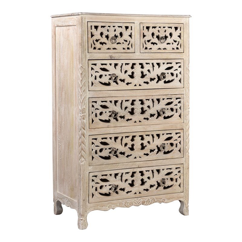 Taran Designs Monte Floral Carved 6-Drawer Mango Wood Chest in Distressed White