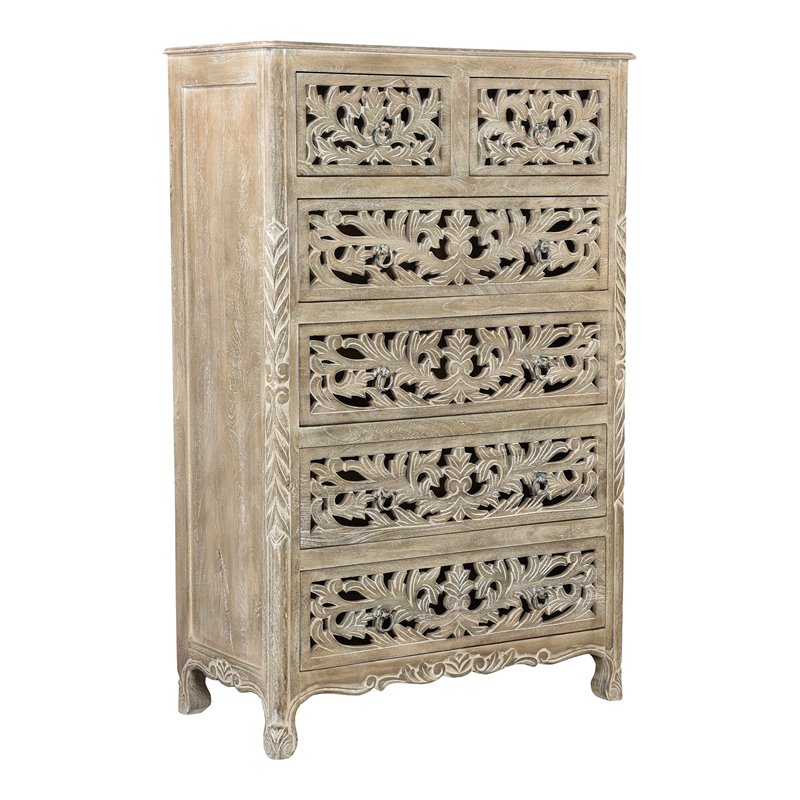 Taran Designs Monte 6-drawer Floral Carved Solid Wood Chest in Gray
