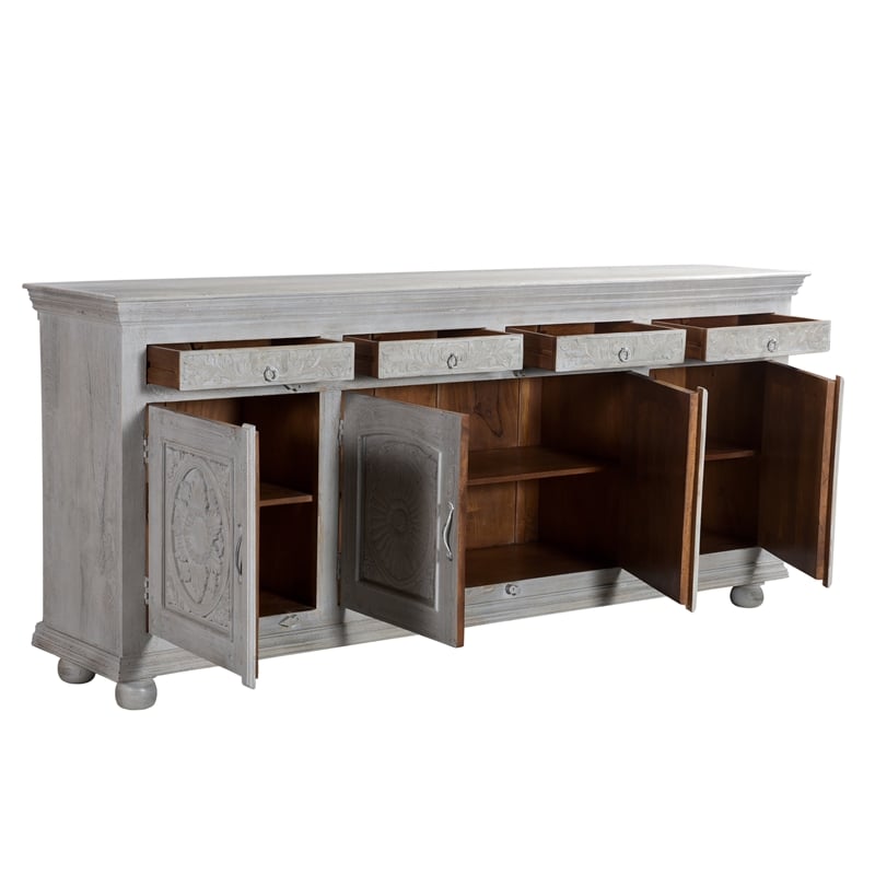 Taran Designs Monte 4-drawer 4-door Carved Solid Wood Sideboard in Gray