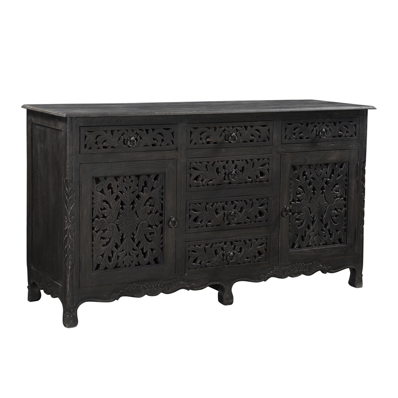 Taran Designs Monte 6-drawer 2-door Carved Solid Wood Sideboard in Black