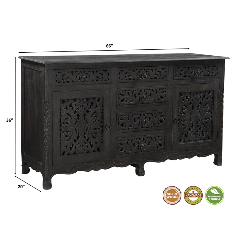 Taran Designs Monte 6-drawer 2-door Carved Solid Wood Sideboard in Black