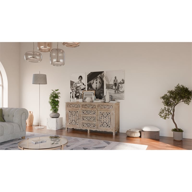 Taran Designs Monte 6-drawer 2-door Carved Solid Wood Sideboard in Gray