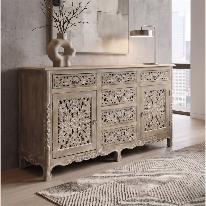 Taran Designs Monte 6-drawer 2-door Carved Solid Wood Sideboard in Gray