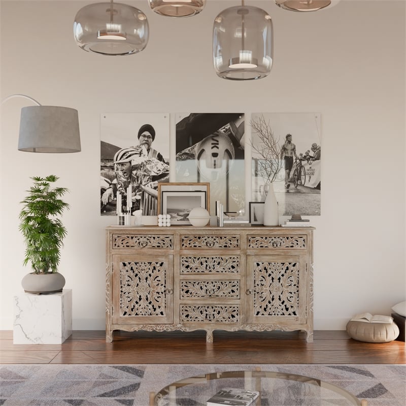 Taran Designs Monte 6-drawer 2-door Carved Solid Wood Sideboard in Gray