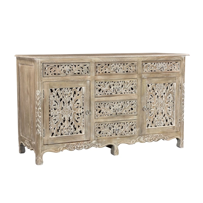 Taran Designs Monte 6-drawer 2-door Carved Solid Wood Sideboard in Gray