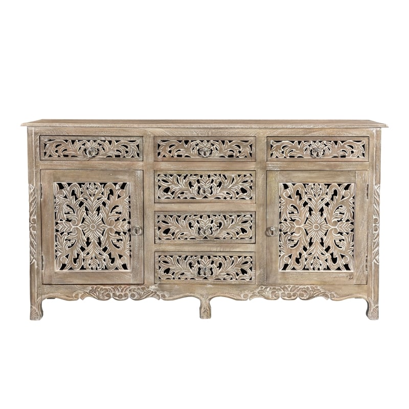 Taran Designs Monte 6-drawer 2-door Carved Solid Wood Sideboard in Gray