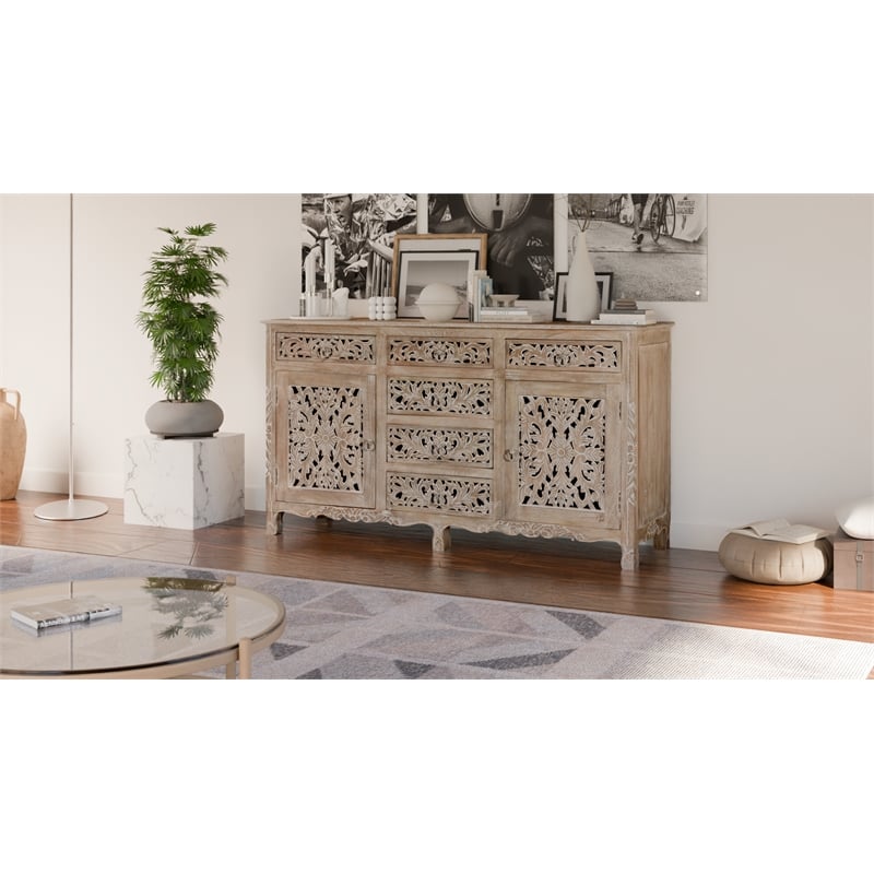 Taran Designs Monte 6-drawer 2-door Carved Solid Wood Sideboard in Gray