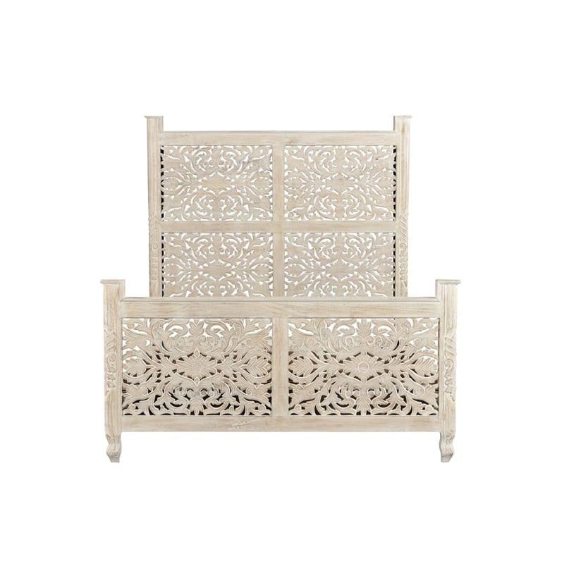 Taran Designs Monte Floral Carved Solid Wood Queen Panel Bed in White