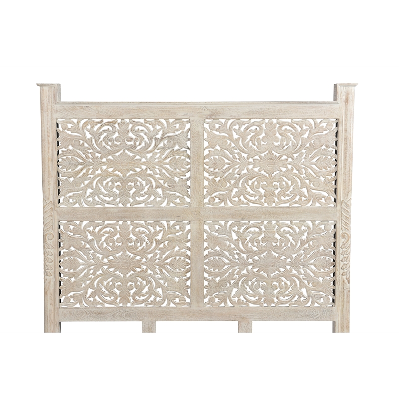 Taran Designs Monte Floral Carved Solid Wood Queen Panel Bed in White