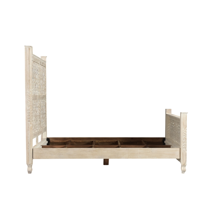 Taran Designs Monte Floral Carved Solid Wood Queen Panel Bed in White
