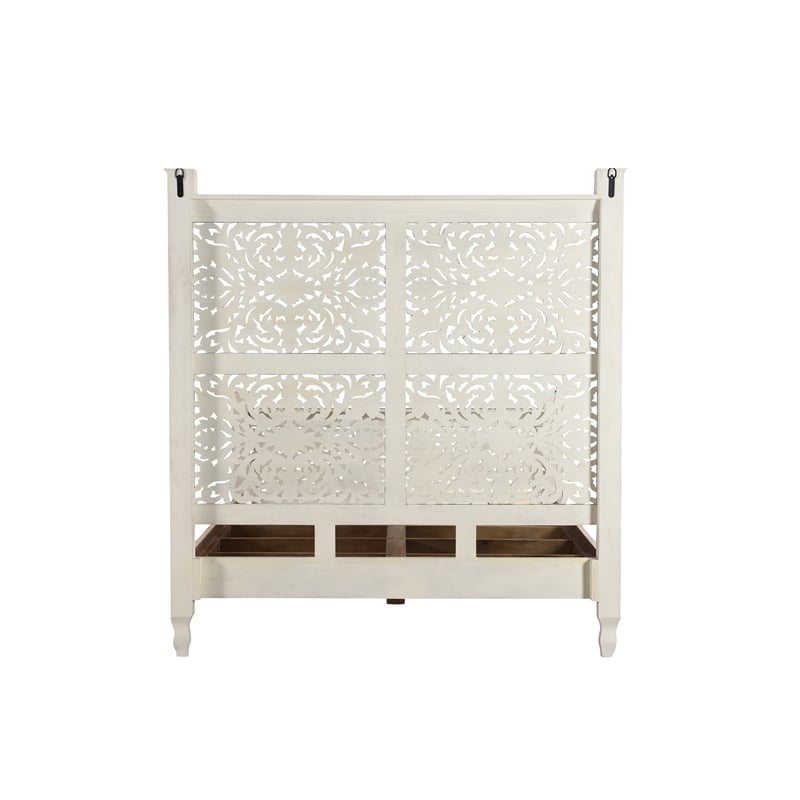Taran Designs Monte Floral Carved Solid Wood Queen Panel Bed in White