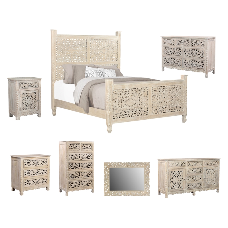 Taran Designs Monte Floral Carved Solid Wood Queen Panel Bed in White