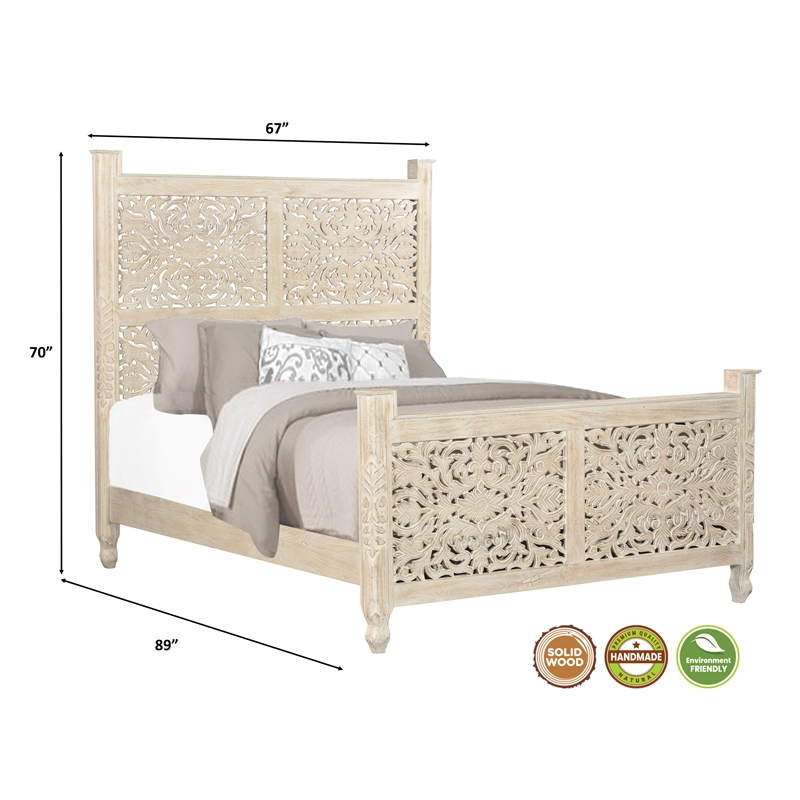 Taran Designs Monte Floral Carved Solid Wood Queen Panel Bed in White