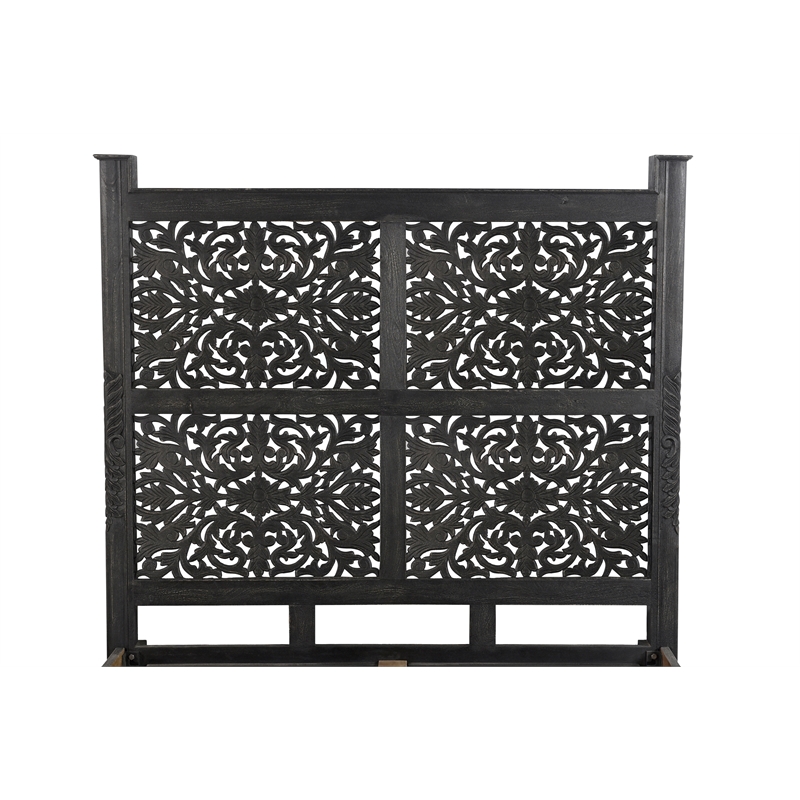 Taran Designs Monte Floral Carved Solid Wood Queen Panel Bed in Black