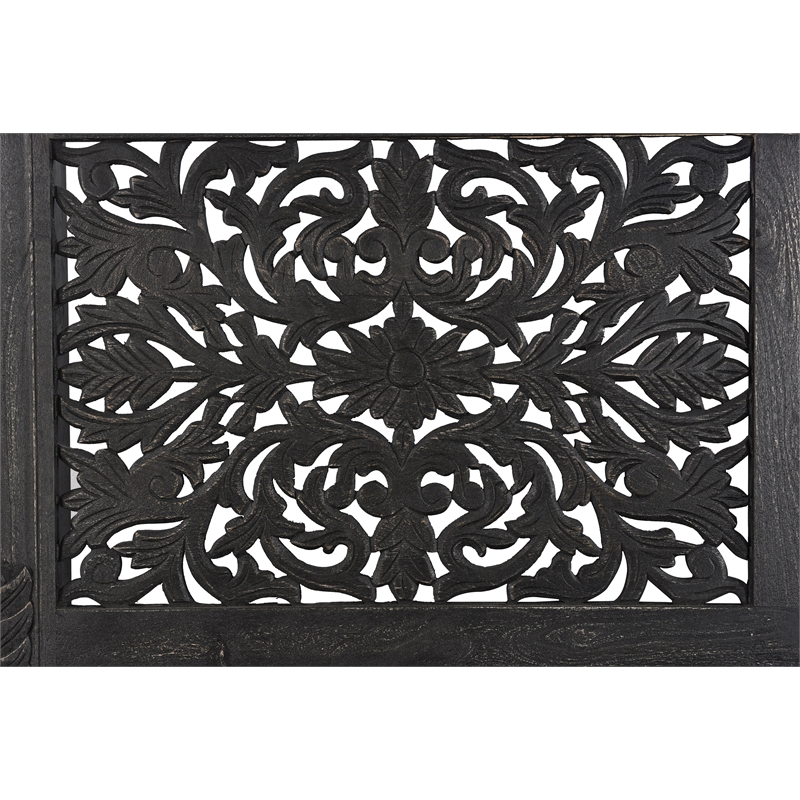 Taran Designs Monte Floral Carved Solid Wood Queen Panel Bed in Black