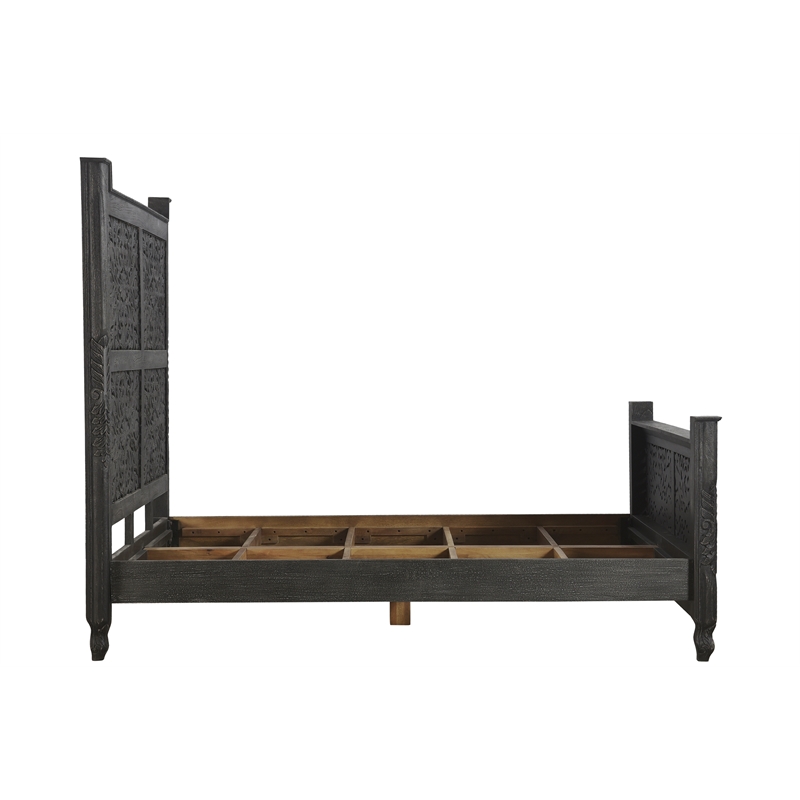 Taran Designs Monte Floral Carved Solid Wood Queen Panel Bed in Black