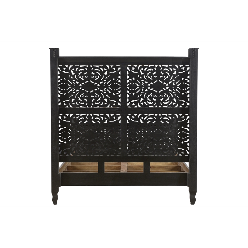 Taran Designs Monte Floral Carved Solid Wood Queen Panel Bed in Black