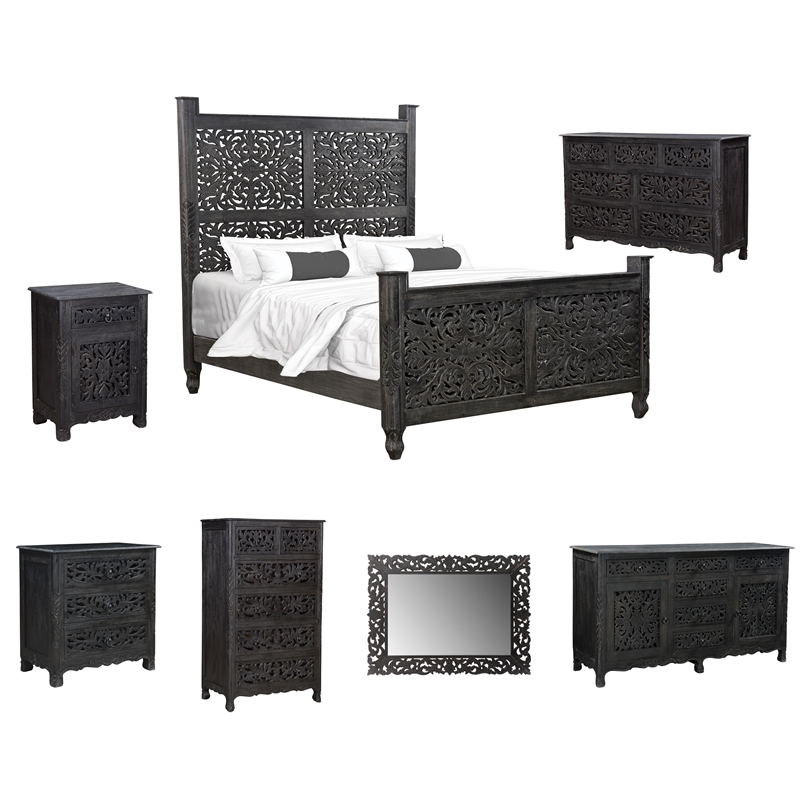 Taran Designs Monte Floral Carved Solid Wood Queen Panel Bed in Black