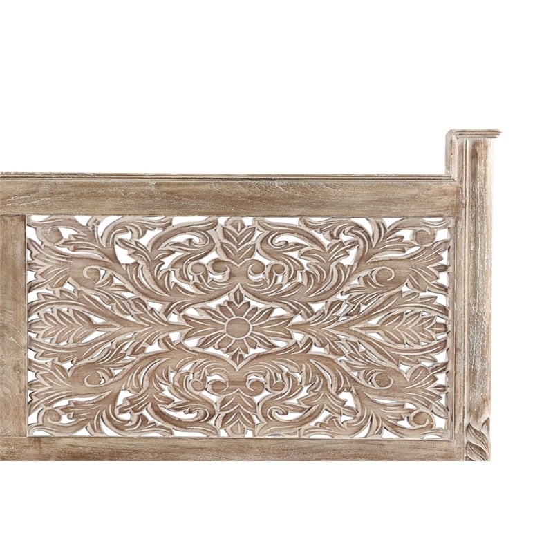 Taran Designs Monte Floral Carved Solid Wood Queen Panel Bed in Gray
