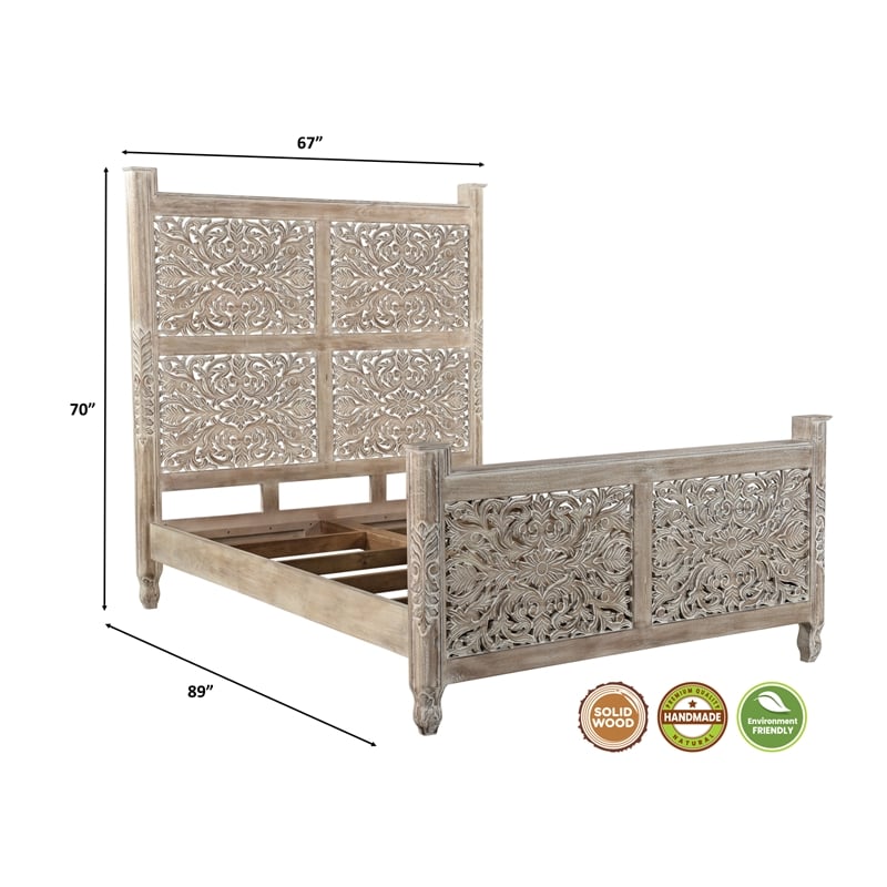 Taran Designs Monte Floral Carved Solid Wood Queen Panel Bed in Gray