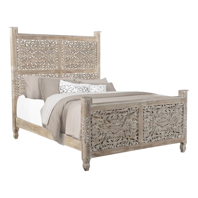 Taran Designs Monte Floral Carved Solid Wood Queen Panel Bed in Gray