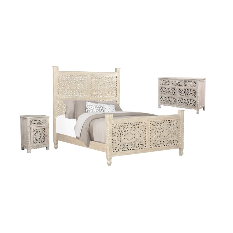 Taran Designs Monte Floral Carved Solid Wood King Panel Bed in White
