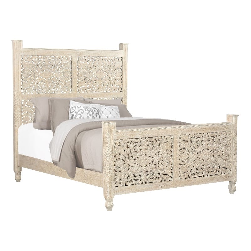 Taran Designs Monte Floral Carved Solid Wood King Panel Bed in White