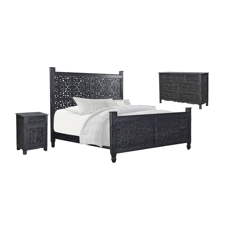 Taran Designs Monte Floral Carved Solid Wood King Panel Bed in Black