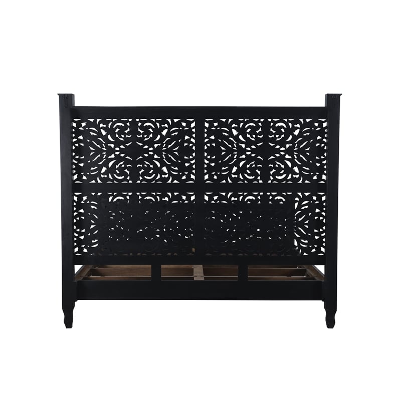Taran Designs Monte Floral Carved Solid Wood King Panel Bed in Black