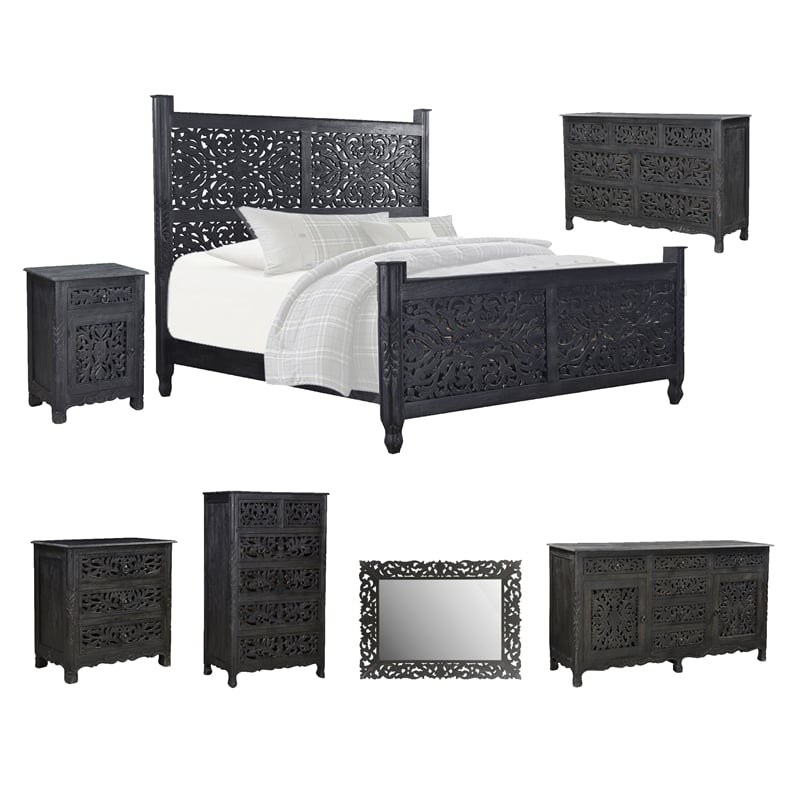 Taran Designs Monte Floral Carved Solid Wood King Panel Bed in Black