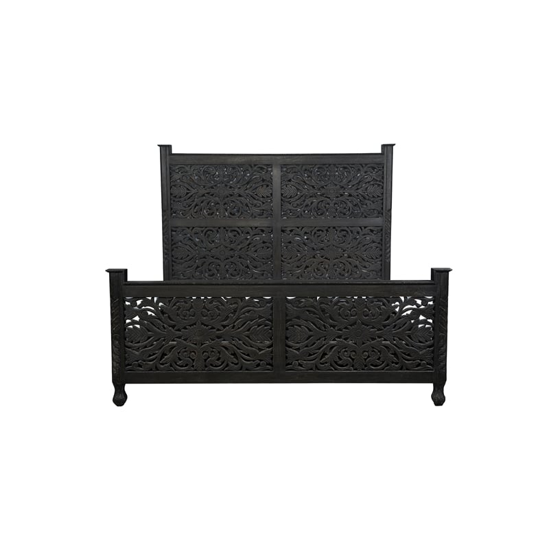 Taran Designs Monte Floral Carved Solid Wood King Panel Bed in Black