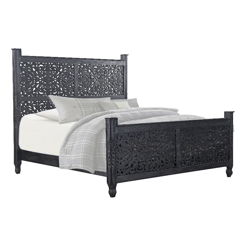 Taran Designs Monte Floral Carved Solid Wood King Panel Bed in Black