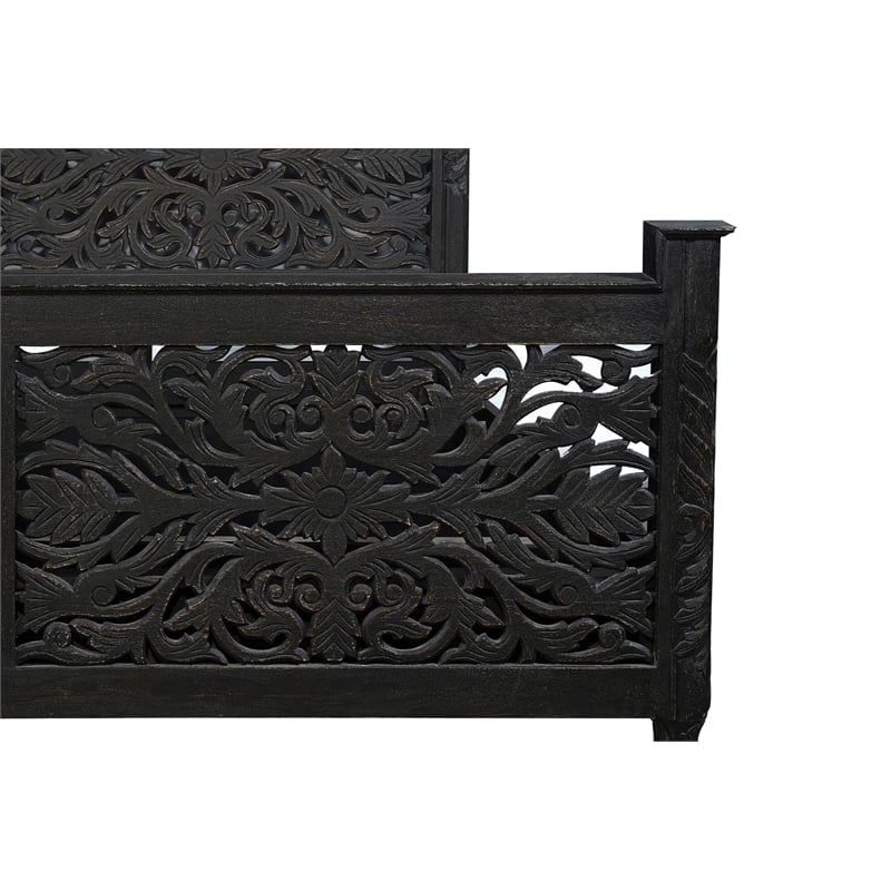 Taran Designs Monte Floral Carved Solid Wood King Panel Bed in Black