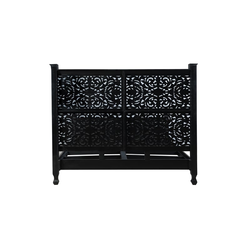 Taran Designs Monte Floral Carved Solid Wood King Panel Bed in Black