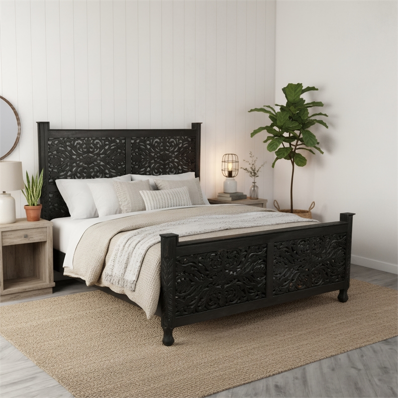 Taran Designs Monte Floral Carved Solid Wood King Panel Bed in Black