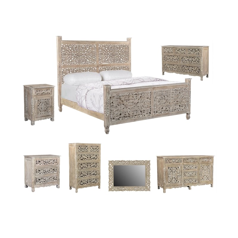 Taran Designs Monte Floral Carved Solid Wood King Panel Bed in Gray