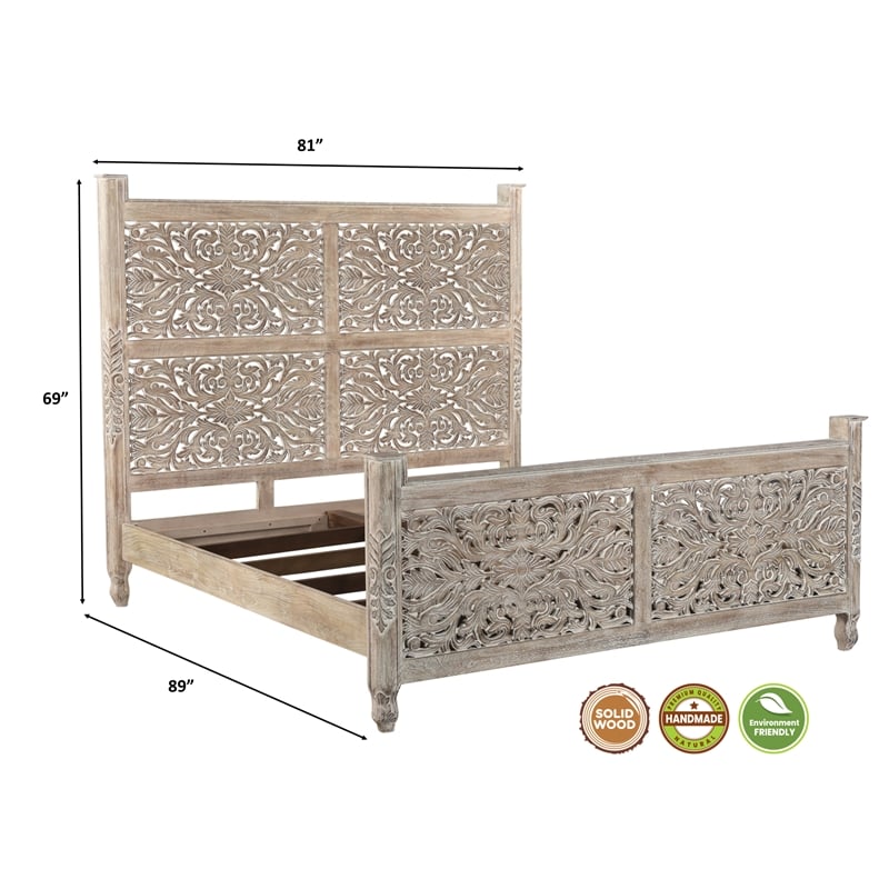 Taran Designs Monte Floral Carved Solid Wood King Panel Bed in Gray