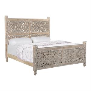 Taran Designs Monte Floral Carved Solid Wood King Panel Bed in Gray